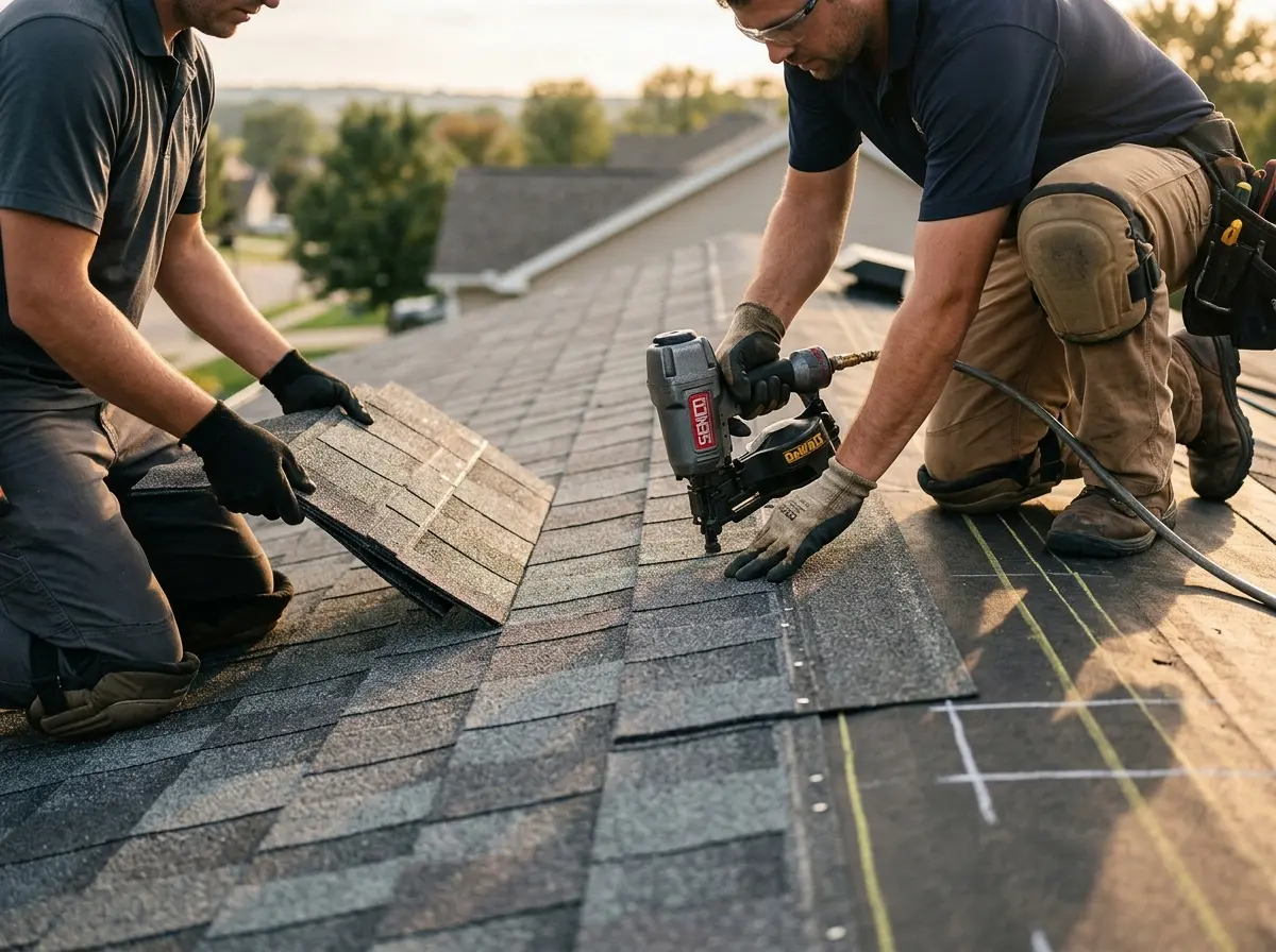 Professional roofer working on a residential roof in Jerseyville